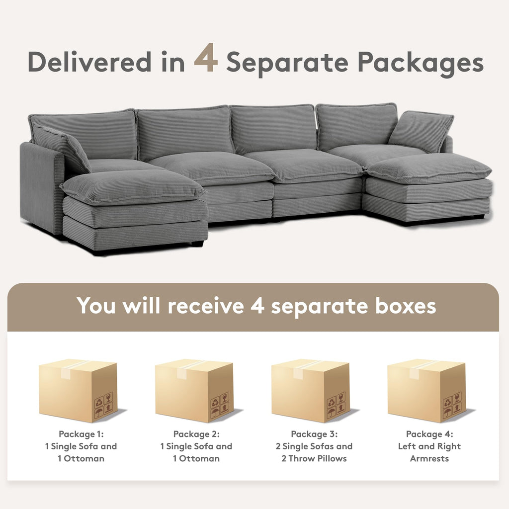 148'' Sectional Cloud Couch with 2 Ottomans, Oversized 4 Seat Sleeper Sofa with 2 Throw Pillows, Convertible Upholstered U Shaped Cozy Sofa Furniture Set for Living Room and Office, Dark Grey