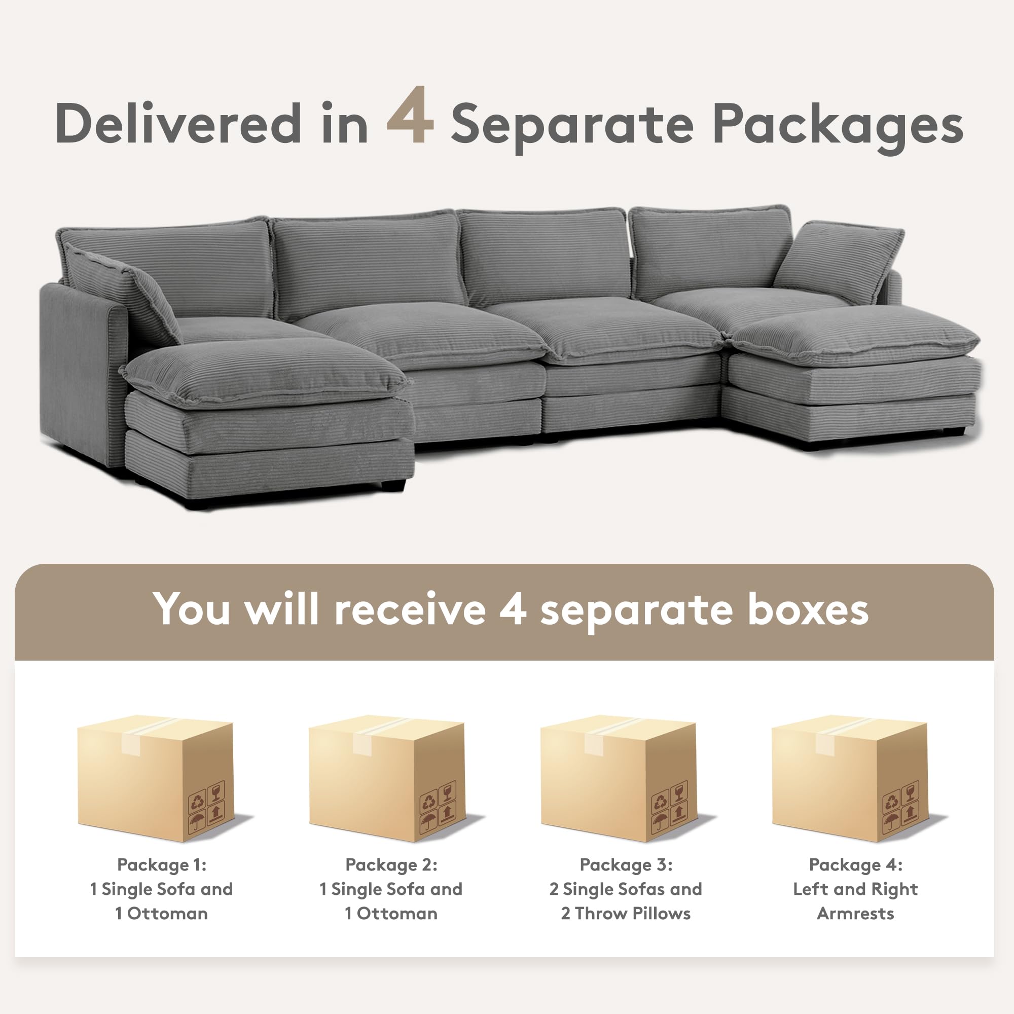 148'' Sectional Cloud Couch with 2 Ottomans, Oversized 4 Seat Sleeper Sofa with 2 Throw Pillows, Convertible Upholstered U Shaped Cozy Sofa Furniture Set for Living Room and Office, Dark Grey