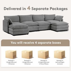 148'' Sectional Cloud Couch with 2 Ottomans, Oversized 4 Seat Sleeper Sofa with 2 Throw Pillows, Convertible Upholstered U Shaped Cozy Sofa Furniture Set for Living Room and Office, Dark Grey