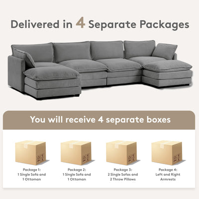 148'' Sectional Cloud Couch with 2 Ottomans, Oversized 4 Seat Sleeper Sofa with 2 Throw Pillows, Convertible Upholstered U Shaped Cozy Sofa Furniture Set for Living Room and Office, Dark Grey