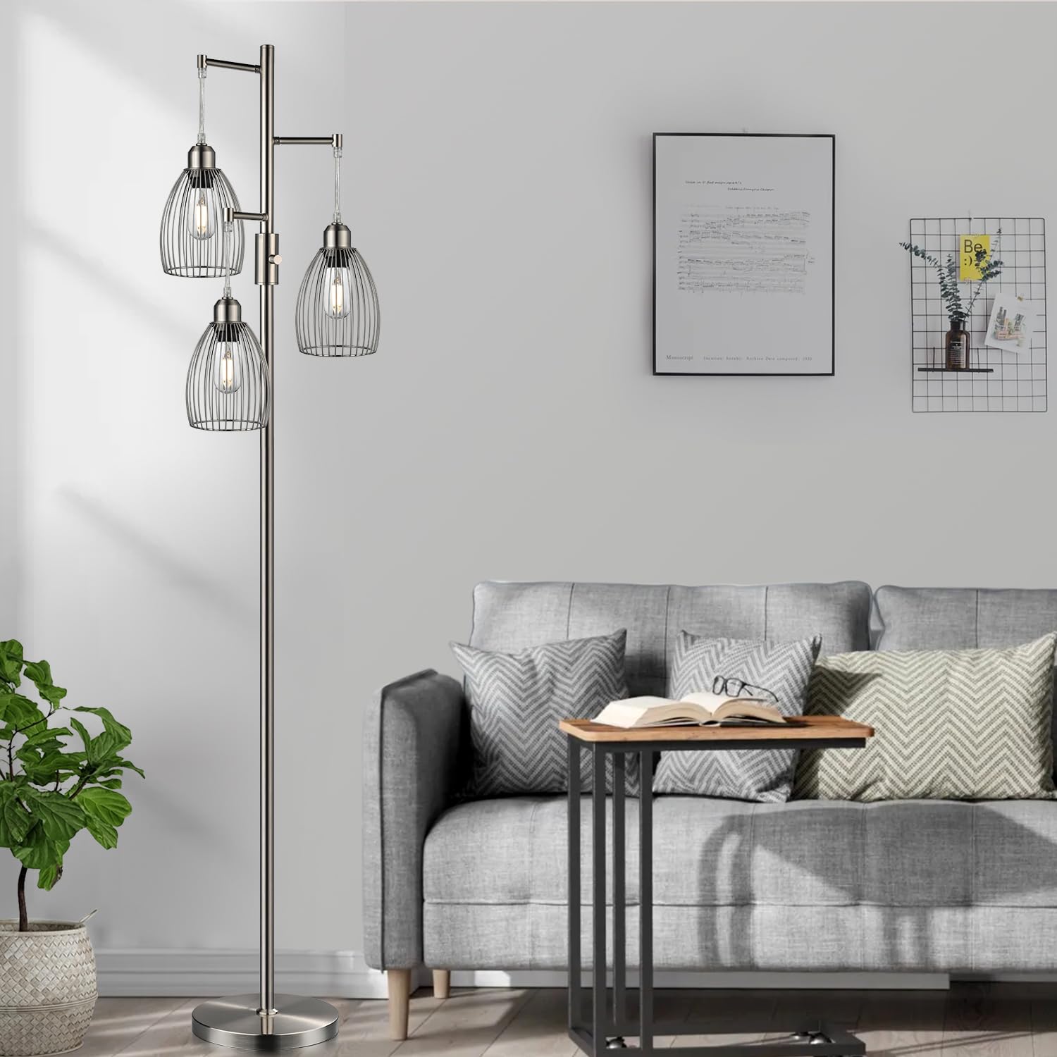 Dimmable Floor Lamp, 3 x 800LM LED Edison Bulbs Included, Industrial Floor Lamp Standing Tree Lamp with Elegant Teardrop Cage Heads Tall Lamps for Living Room Bedroom-Brushed Nickel