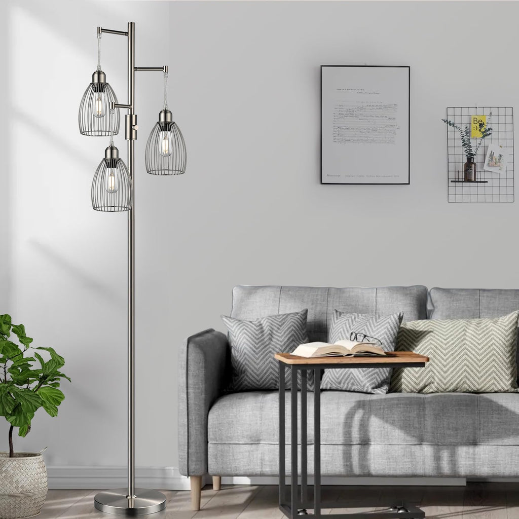 Dimmable Floor Lamp, 3 x 800LM LED Edison Bulbs Included, Industrial Floor Lamp Standing Tree Lamp with Elegant Teardrop Cage Heads Tall Lamps for Living Room Bedroom-Brushed Nickel