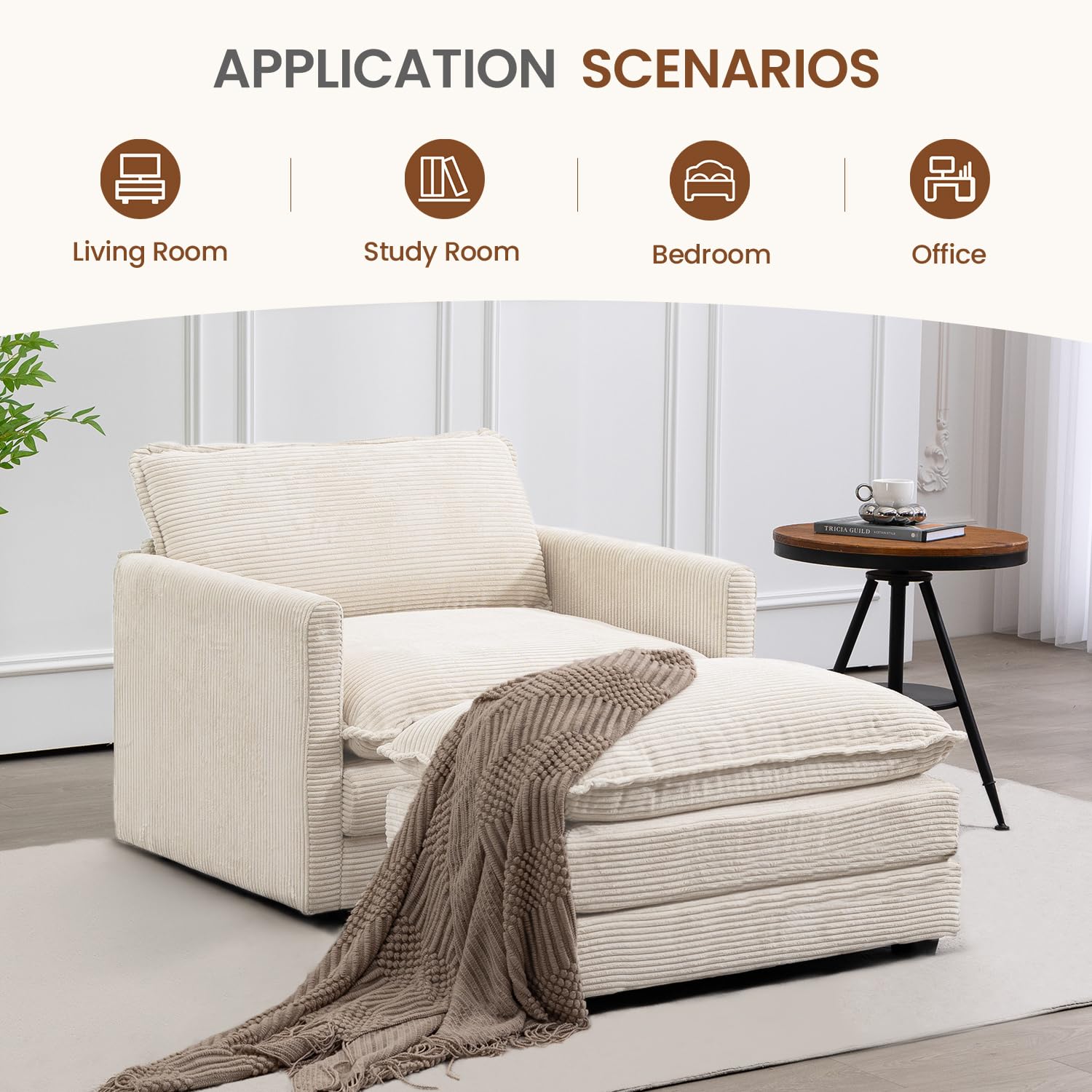 Single Armchair with Ottoman, Modern Corduroy Cloud Couch with Convertible Chaise, Upholstered Sofa Set for Living Room, Beige