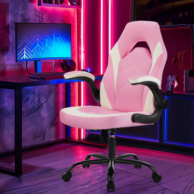 Computer Video Game Desk Chair - Ergonomic Comfy Lumbar Support, PU Leather with Flip-up Armrest, Height Adjustable and 360° Swivel, for Adults, Pink