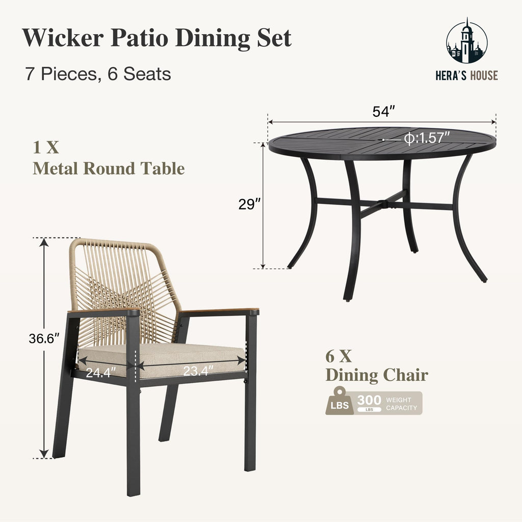 7 Pieces Patio Table and Chairs Set, Outdoor Dining Set for 7, 6 x Cushioned Woven Rattan Chairs and 54” Round Metal Table with Umbrella Hole for Lawn Deck Yard