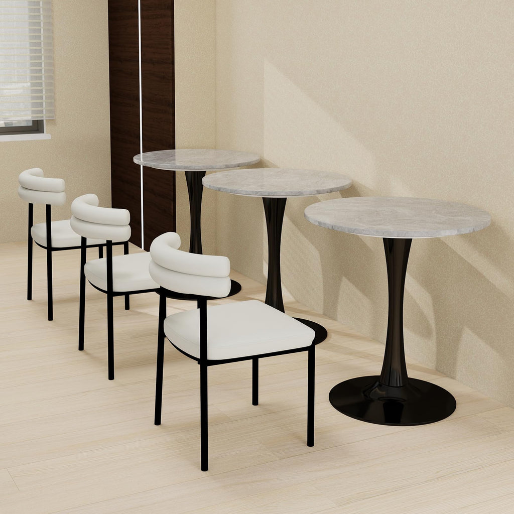 27.6" Marble Round Tulip Table, Mid-Century Modern Style Dining Table with Black Pedestal Base for 2-4 People, Featuring A Marble Tabletop for Kitchen, Dining Room, Cafe (Light Grey)