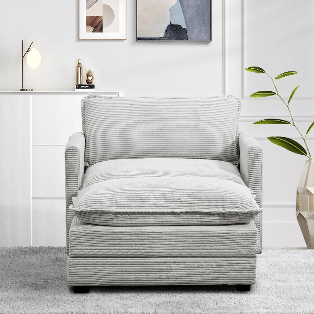 Single Armchair with Ottoman, Modern Corduroy Cloud Couch with Convertible Chaise, Upholstered Sofa Set for Living Room, Light Grey
