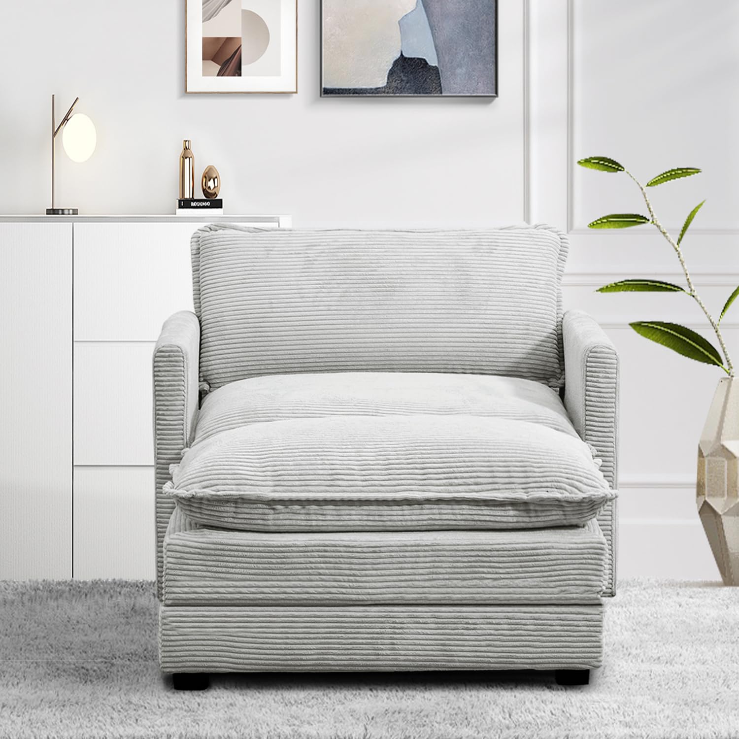 Single Armchair with Ottoman, Modern Corduroy Cloud Couch with Convertible Chaise, Upholstered Sofa Set for Living Room, Light Grey