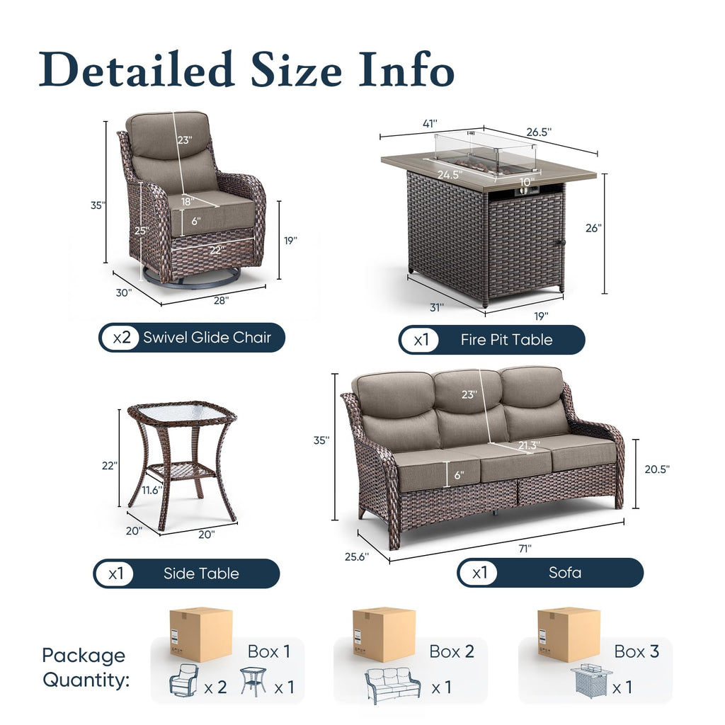 Luxury 6" Thick Cushioned 5 Pieces Patio Furniture Set with Fire Pit Table, Wicker Outdoor Conversation Set with High Back Swivel Rocker Chairs for Deck Porch Yard and Poolside - Brown+Grey