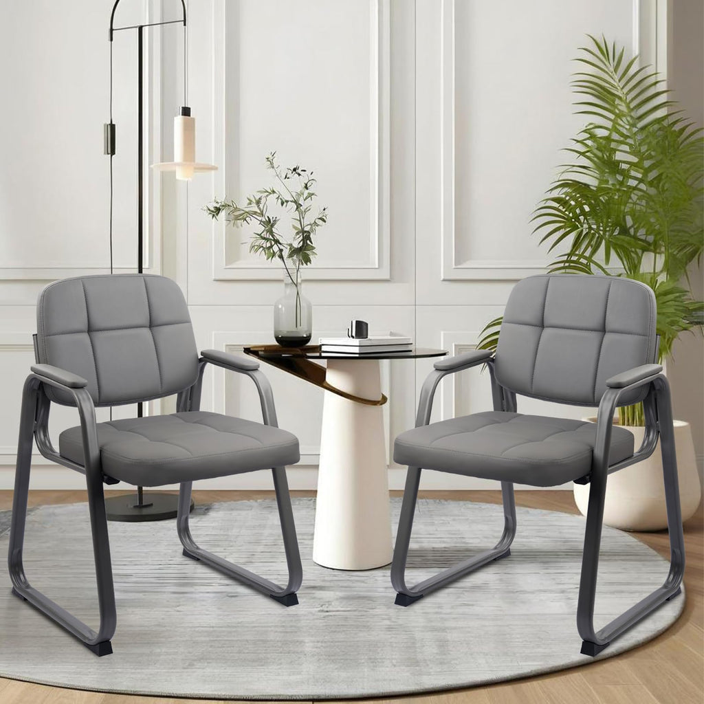 6 Pack, Waiting Room Guest Chair with Bonded Leather Padded Arm Rest for Office Reception and Conference Desk Black with Sled Base Grey
