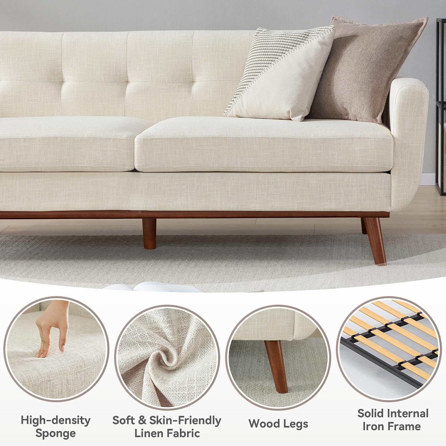77.2" W Loveseat Sofa, Mid Century Modern Decor Love Seat Couches for Living Room, Button Tufted Upholstered Furniture, Solid & Easy to Install Small Couch for Bedroom Office Apartment, Beige