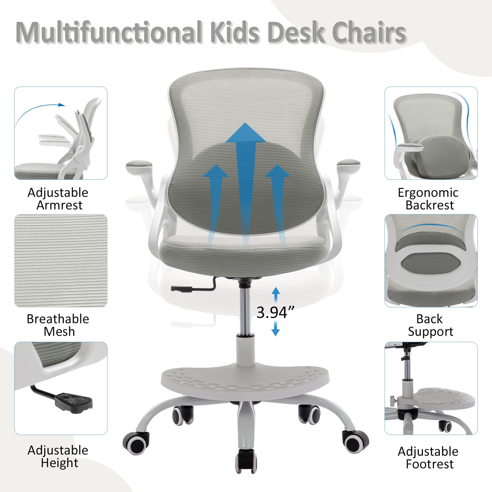 Kids Desk Chair,Ergonomic Study Chair with Adjustable Height,Swivel Mesh Desk Chair with Wheels,Home Office Chair for Children in Home Bedroom Grey