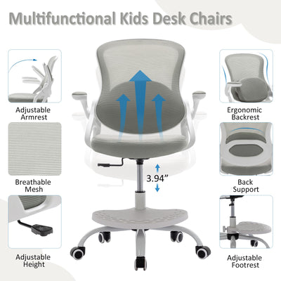 Kids Desk Chair,Ergonomic Study Chair with Adjustable Height,Swivel Mesh Desk Chair with Wheels,Home Office Chair for Children in Home Bedroom Grey