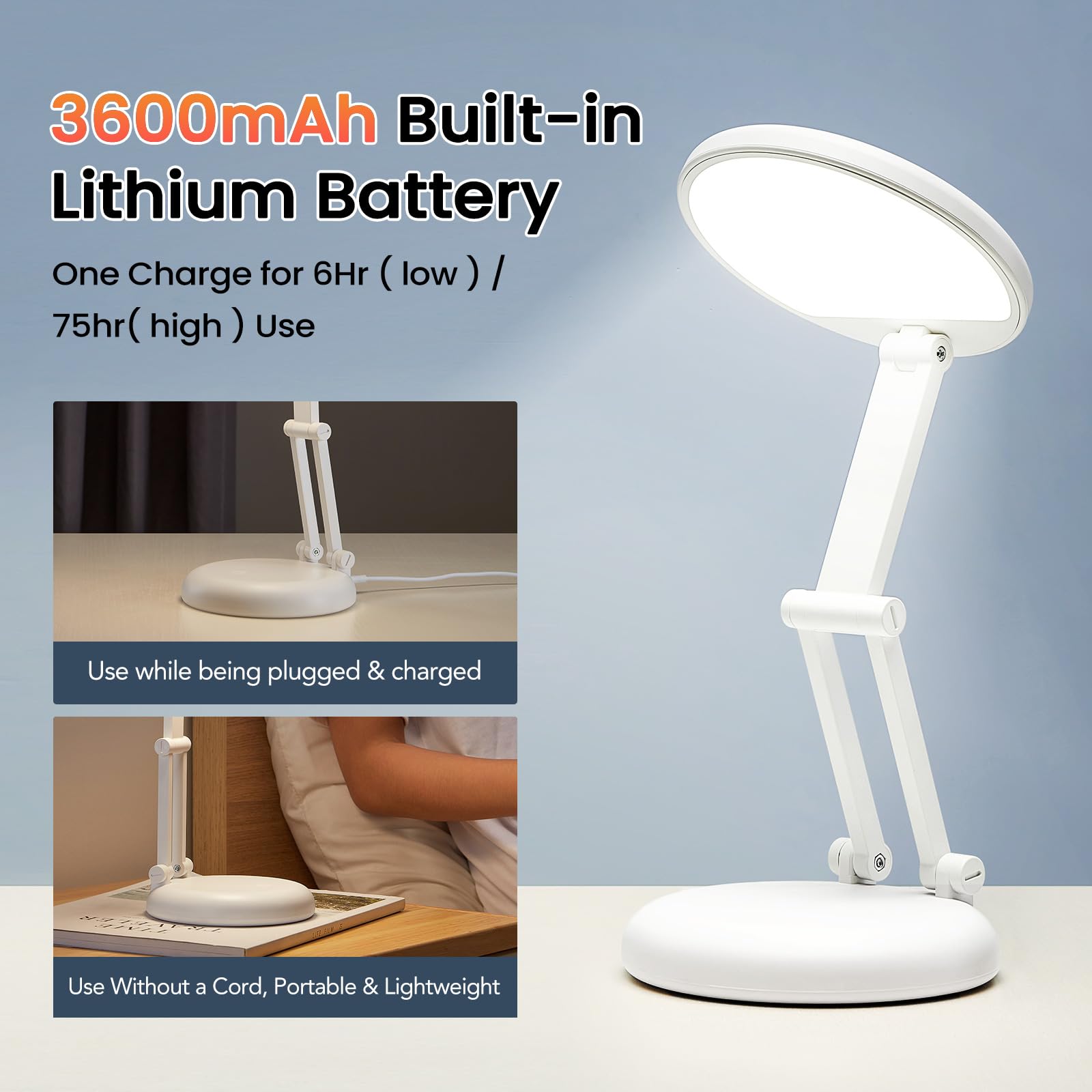 Cordless Desk Lamp,Dimmable Small Battery Powered Lights,3600mAh Rechargeable Wireless Table Lamp,Mini Lamp&Portable Light for Bed,Book Reading,Home for Small Spaces,Nail Light,Craft,Office