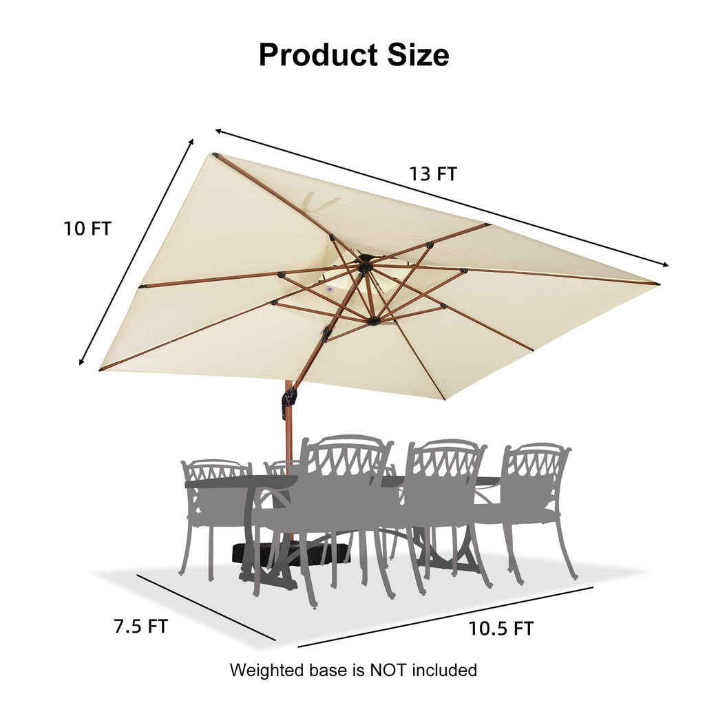10' X 13' Double Top Deluxe Wood Pattern Rectangle Patio Umbrella Offset Hanging Umbrella Outdoor Market Umbrella Garden Umbrella, Cream