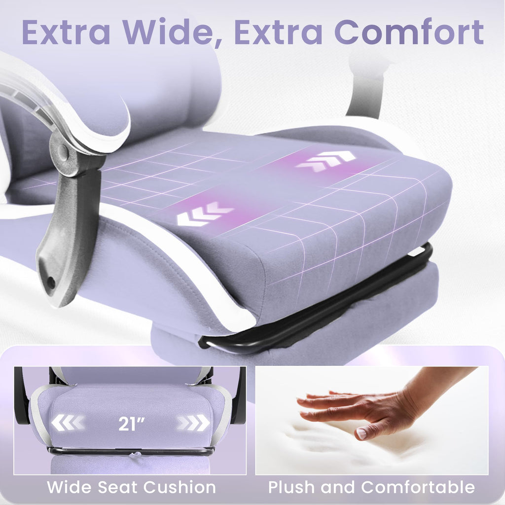 Video Gaming Chair with Footrest Lumbar Support for Home Office High Back Recliner Height Adjustable Ergonomic Comfy Fabric Computer Desk Chair (Purple)