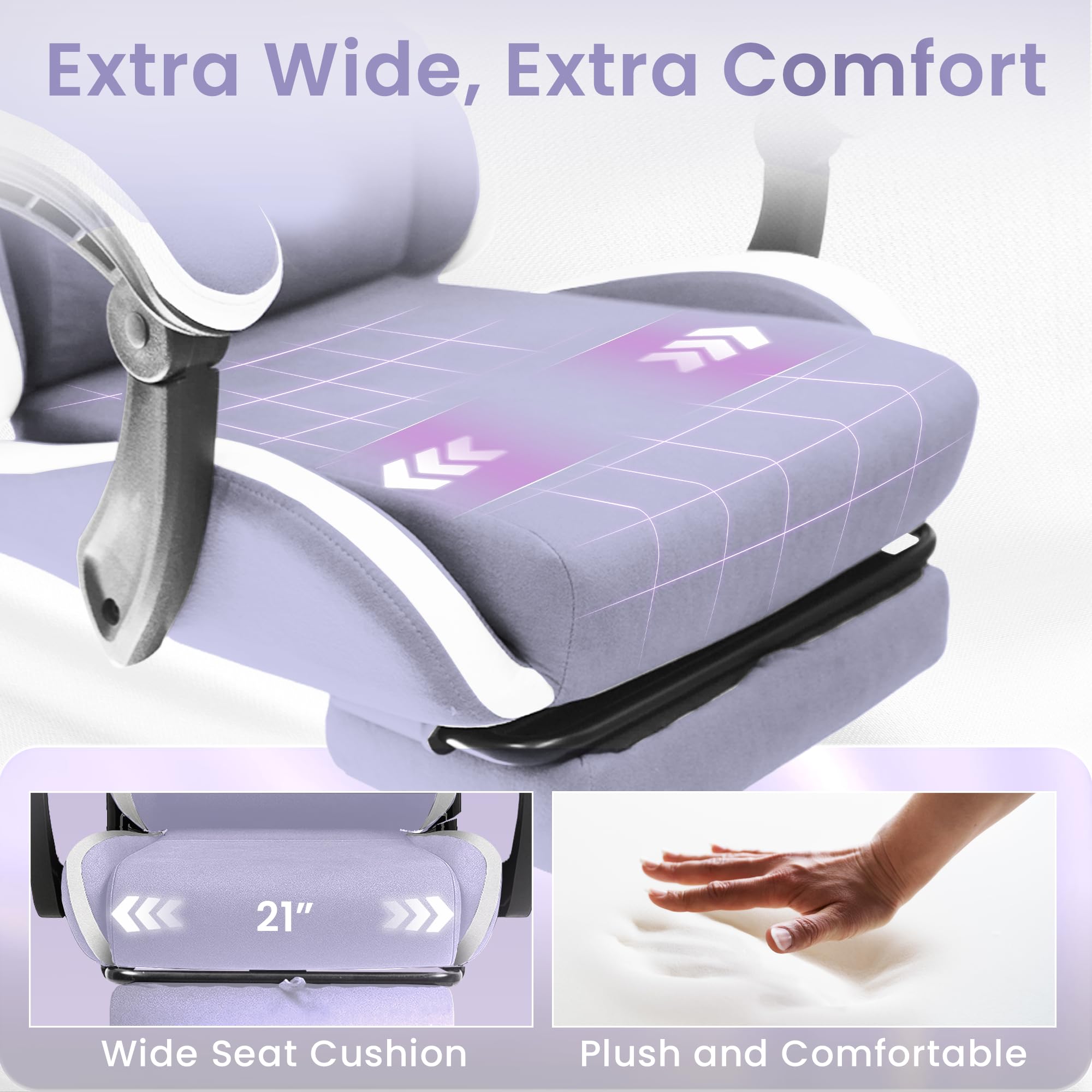 Video Gaming Chair with Footrest Lumbar Support for Home Office High Back Recliner Height Adjustable Ergonomic Comfy Fabric Computer Desk Chair (Purple)