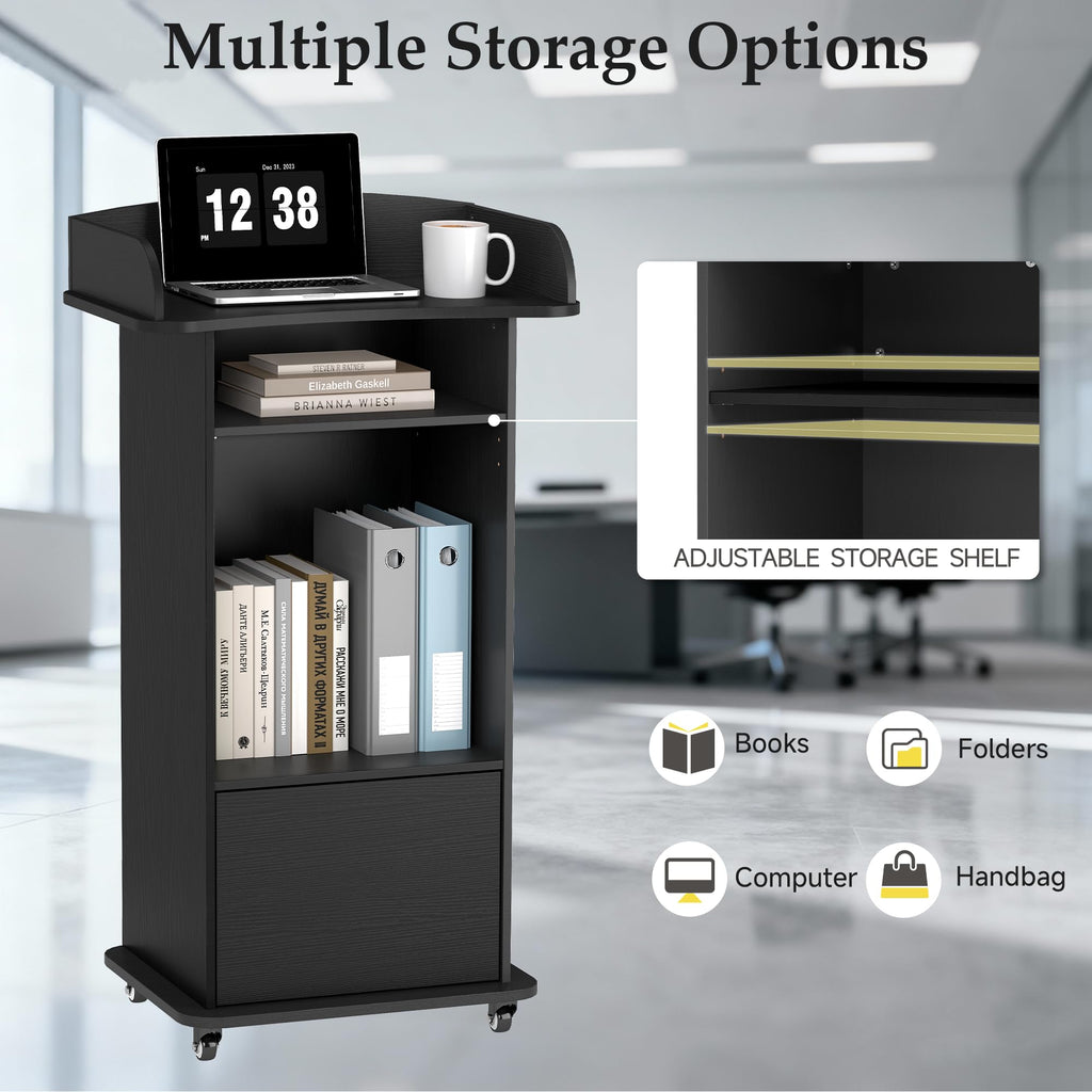 Portable Podium Stand with 4 Metal Wheels, Mobile Lectern Stand with Storage for Church Classroom Restaurant Reception Office Presentation, Wooden Pulpit Desk for Hostess Teacher (Black)