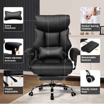 Big and Tall Gaming Chair 400lbs Heavy Duty Office Chair with Foot Rest & Ergonomic Pocket Spring Cushion, High Back Lumbar Support for Lower Back Pain Relief, Ergo Black