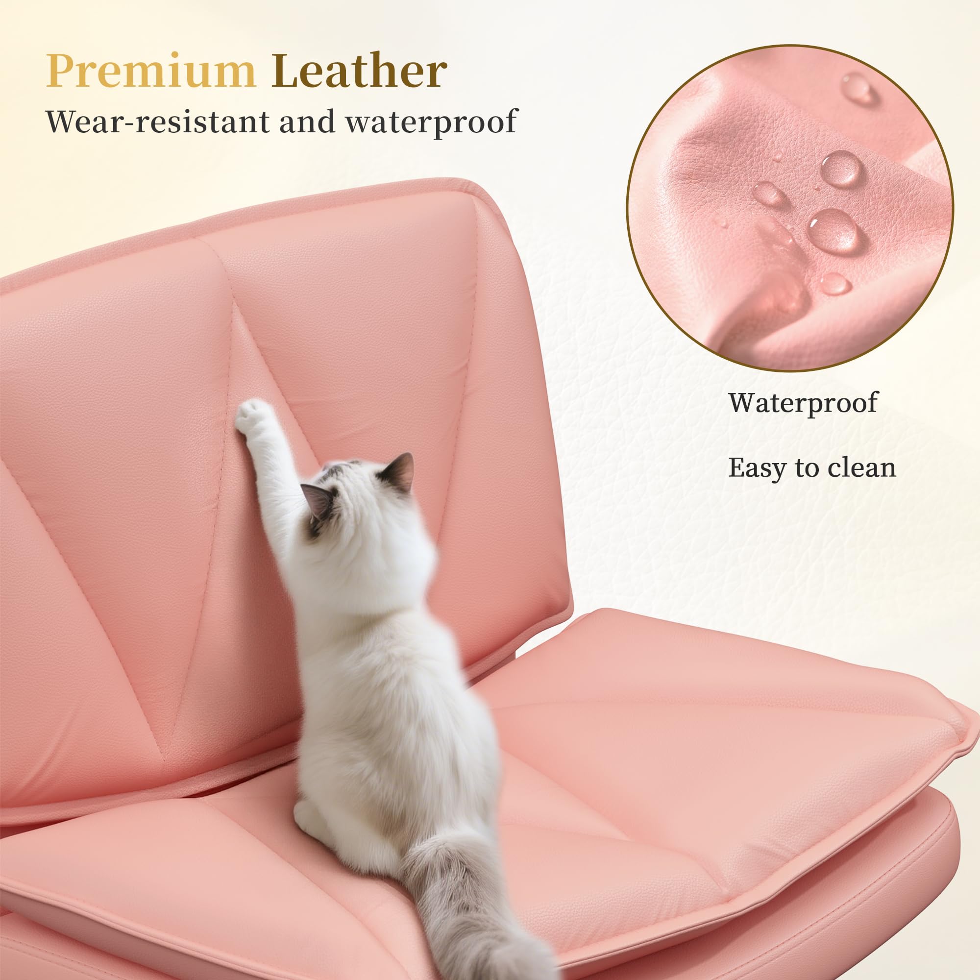 Criss Cross Chair with Wheels,Cross Legged Office Chair with 2 Layer Cushion,Wide Seat,Leather,Amless, for Home,Office,Make Up,Vanity,Bed Room,Pink