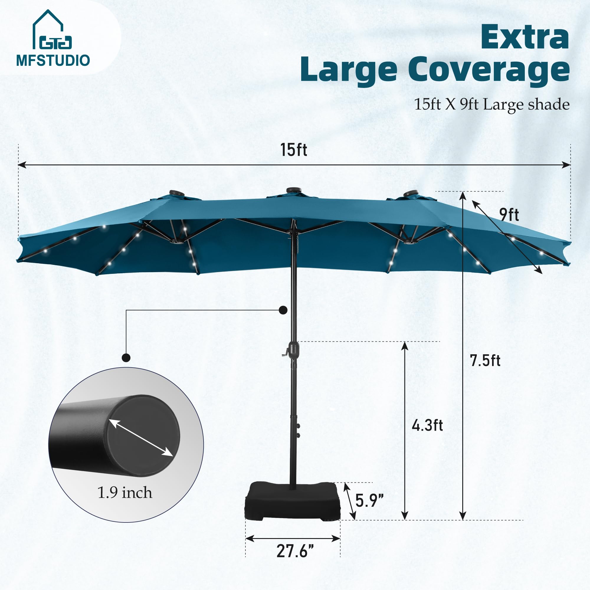 15ft Double Sided Patio Umbrella with Solar Lights, Outdoor Large Umbrellas with Crank Handle and 36 LED Lights, Rectangular Market Umbrella with Base Included for Deck Pool Shade, Cerulean