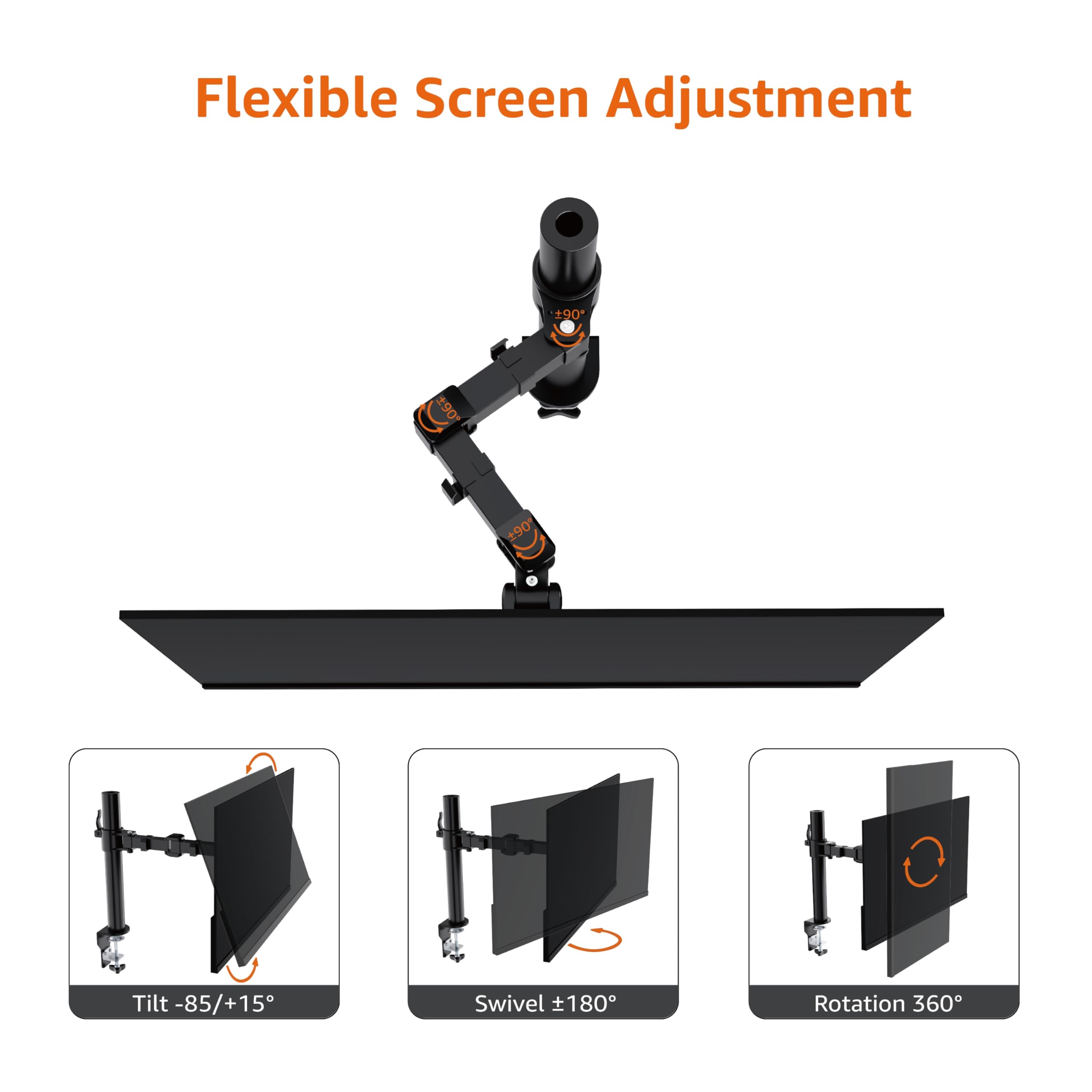 Single Computer Monitor Stand with Cable Management, Height Adjustable VESA Desk Arm Mount, Fully Adjustable Tilt and Rotation, Steel, Black, Fits 13-30