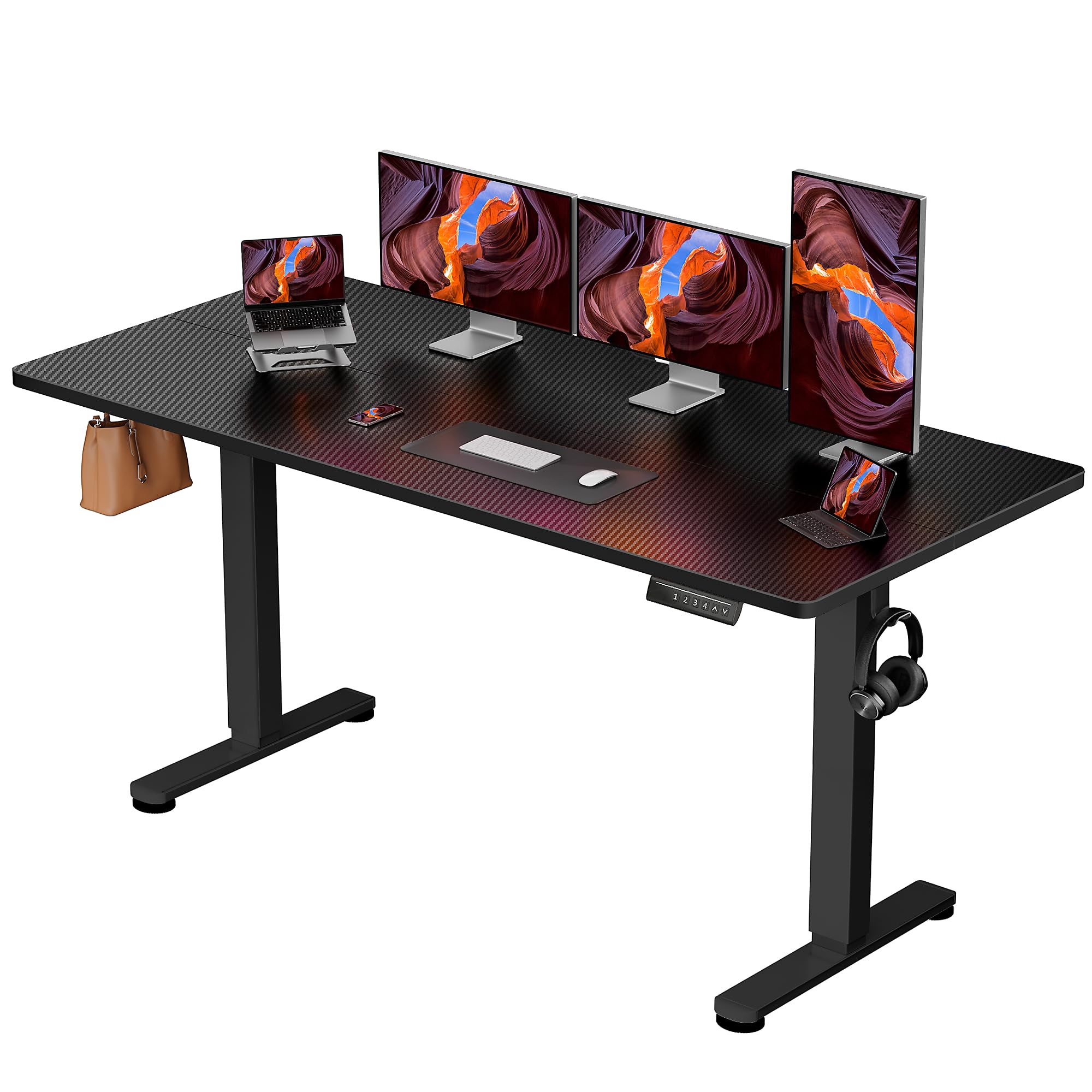 Height Adjustable Electric Standing Desk, 55 x 28 Inches Sit Stand up Desk, Memory Computer Home Office Desk, Carbon Fiber Black