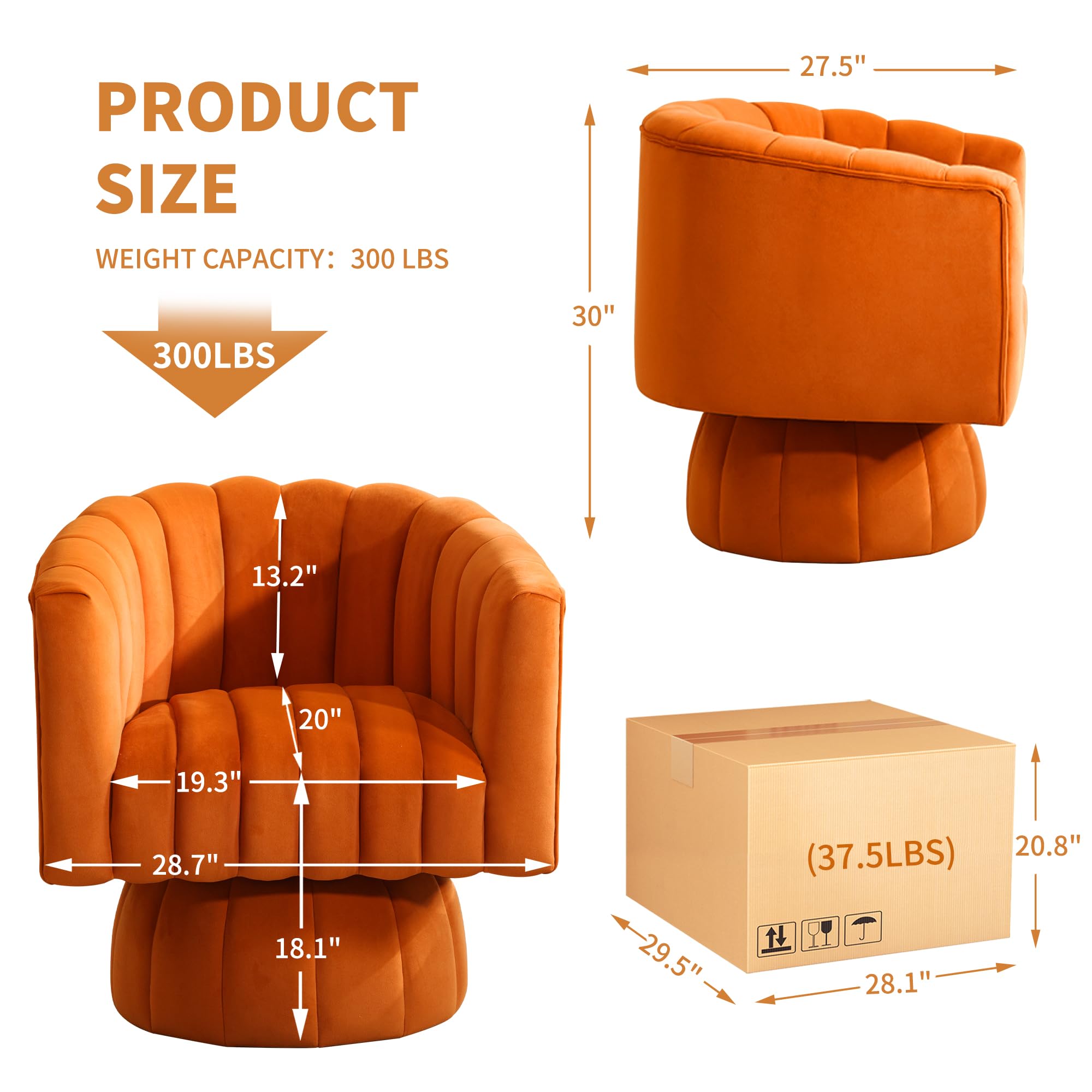 Swivel Accent Barrel Chair Set of 2- Cute Comfy Small Round 360° Arm Chair Velvet Sofa Club Reading Chair for Living Room Bedroom Office Orange