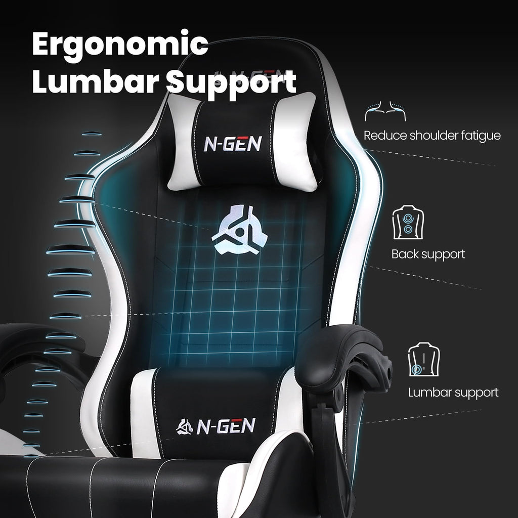 Video Gaming Chair with Footrest Lumbar Support for Home Office High Back Recliner Height Adjustable Ergonomic Comfy Leather Computer Desk Chair (White)
