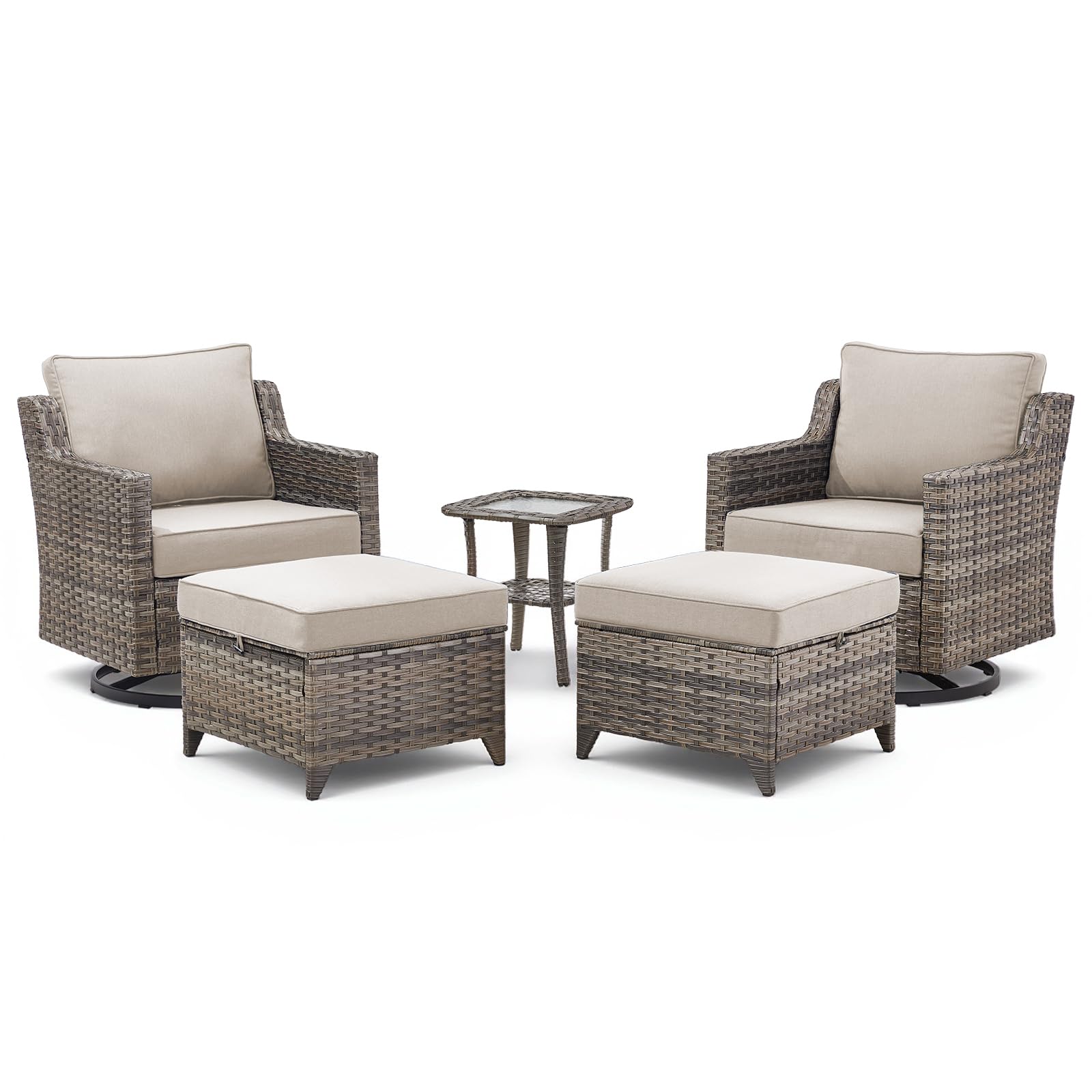 5 Pieces Outdoor Patio Furniture Set-All-Weather Wicker Patio Swivel Glider Chairs with 2 Ottoman and Glass Side Table, Patio Conversation Sets for Porch Balcony Deck - Beige/Grey
