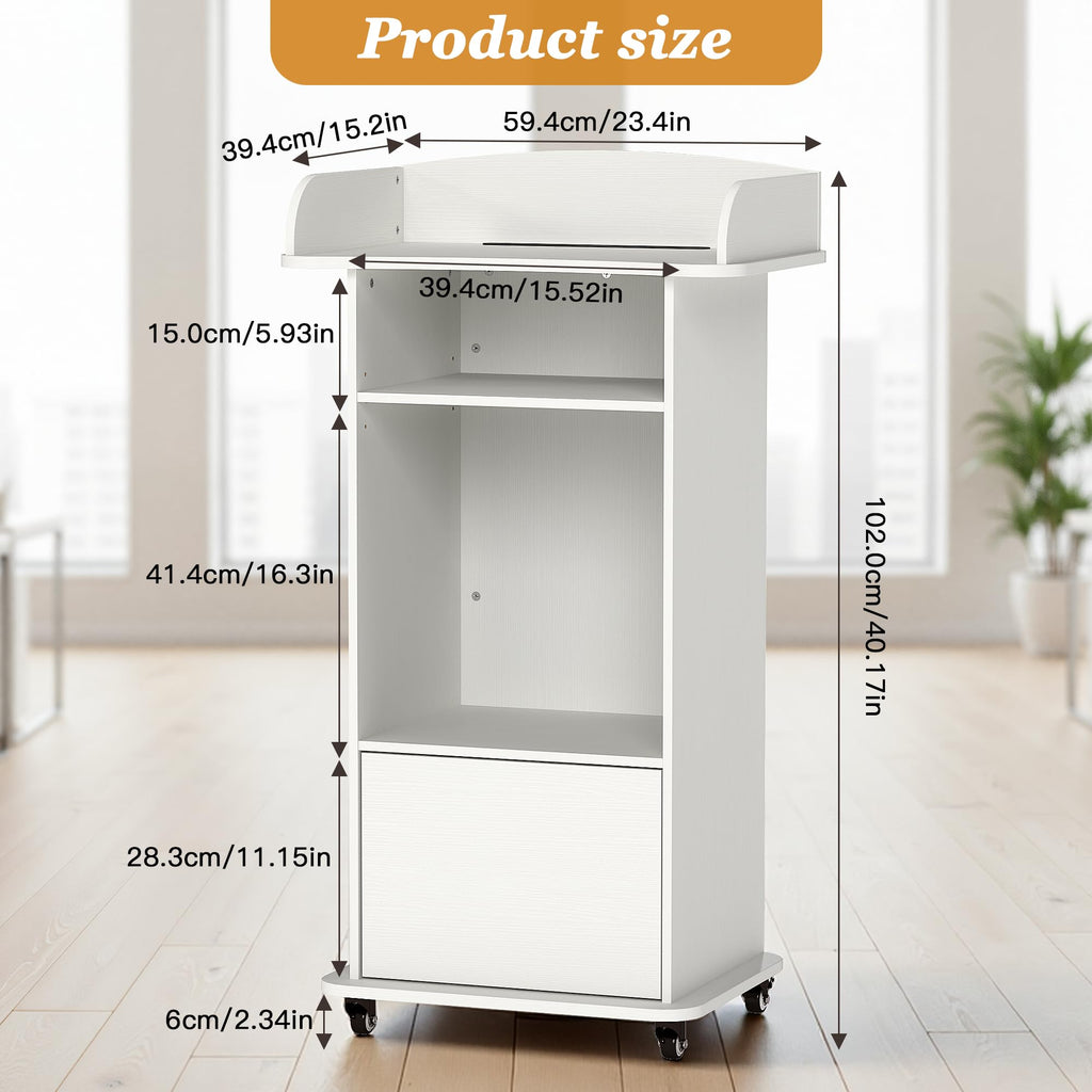 Podium Stand with Metal Wheels Wooden Lectern Podium Stand Portable Pulpit Standing with Storage Mobile Reception Podiums Desk for Church Office School Conference Restaurant Meeting, White
