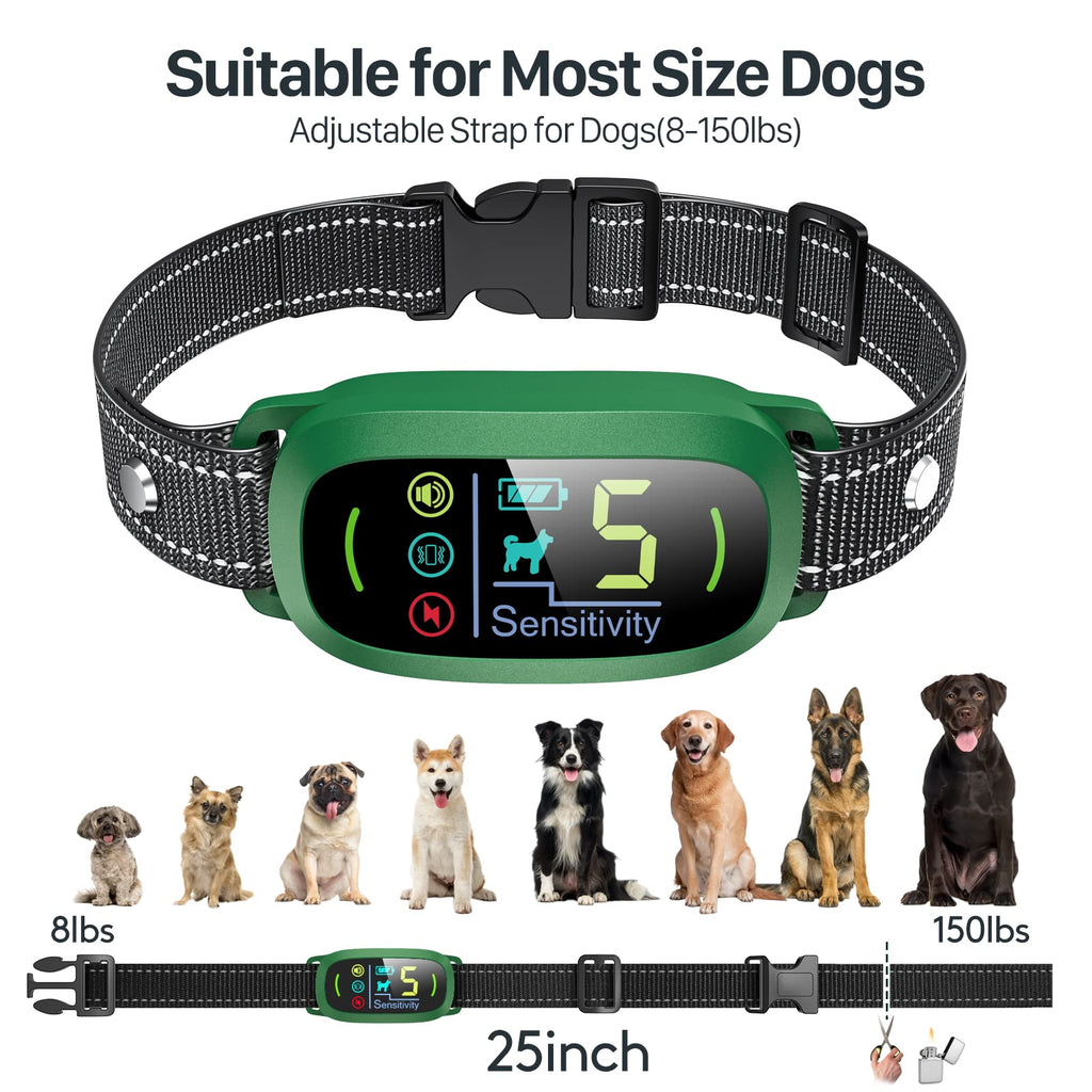 Bark Collar, Rechargeable Dog Bark Collar with 5 Adjustable Sensitivity and Intensity Beep Vibration, Anti Barking Collar for Small Medium Large Breed Dogs (Green)