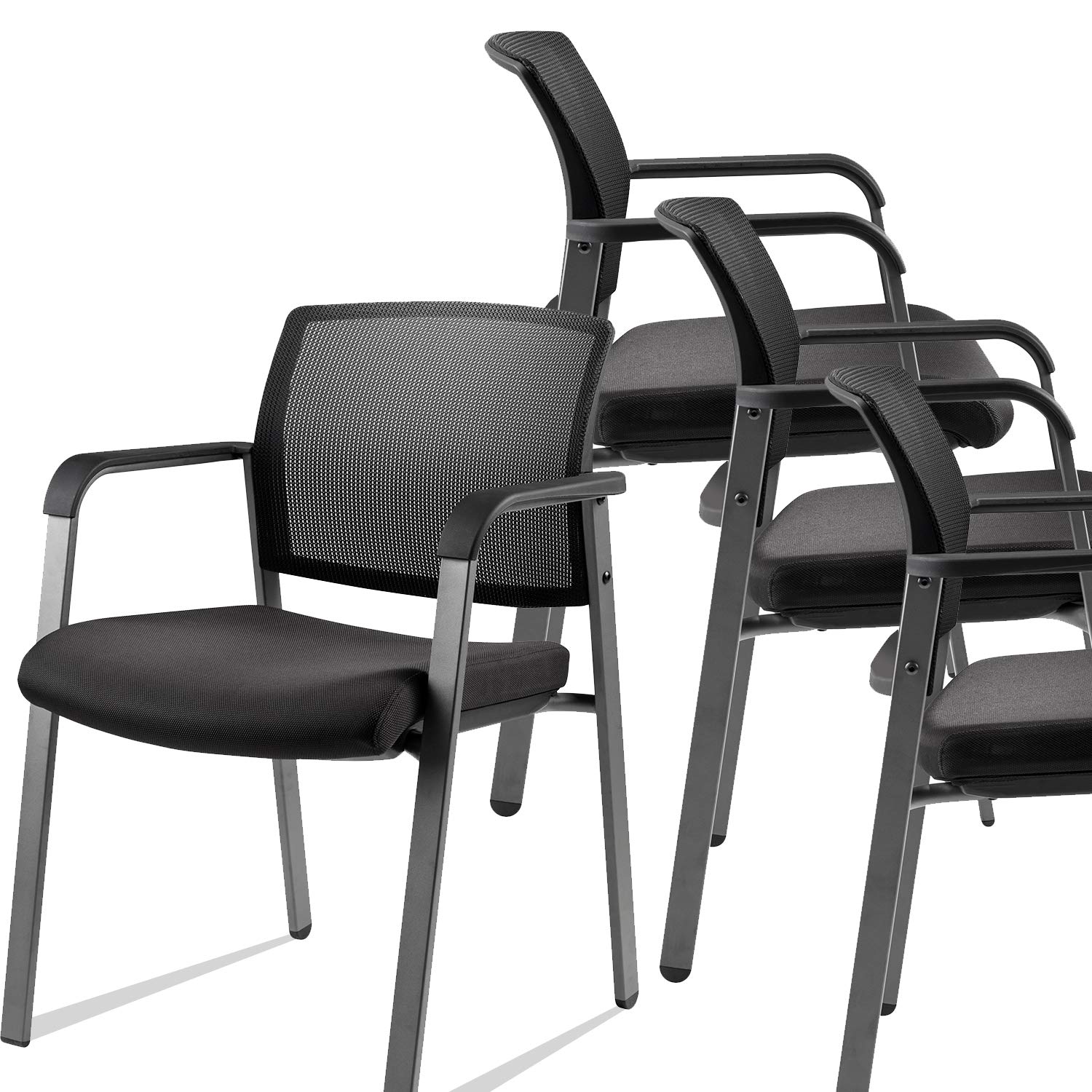 Black 4 Pack Set, Mesh Back Stacking Arm Chairs with Upholstered Fabric Seat and Ergonomic Lumber Support for Office School Church Guest Reception , New Version
