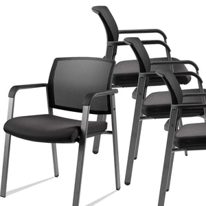 Black 4 Pack Set, Mesh Back Stacking Arm Chairs with Upholstered Fabric Seat and Ergonomic Lumber Support for Office School Church Guest Reception , New Version