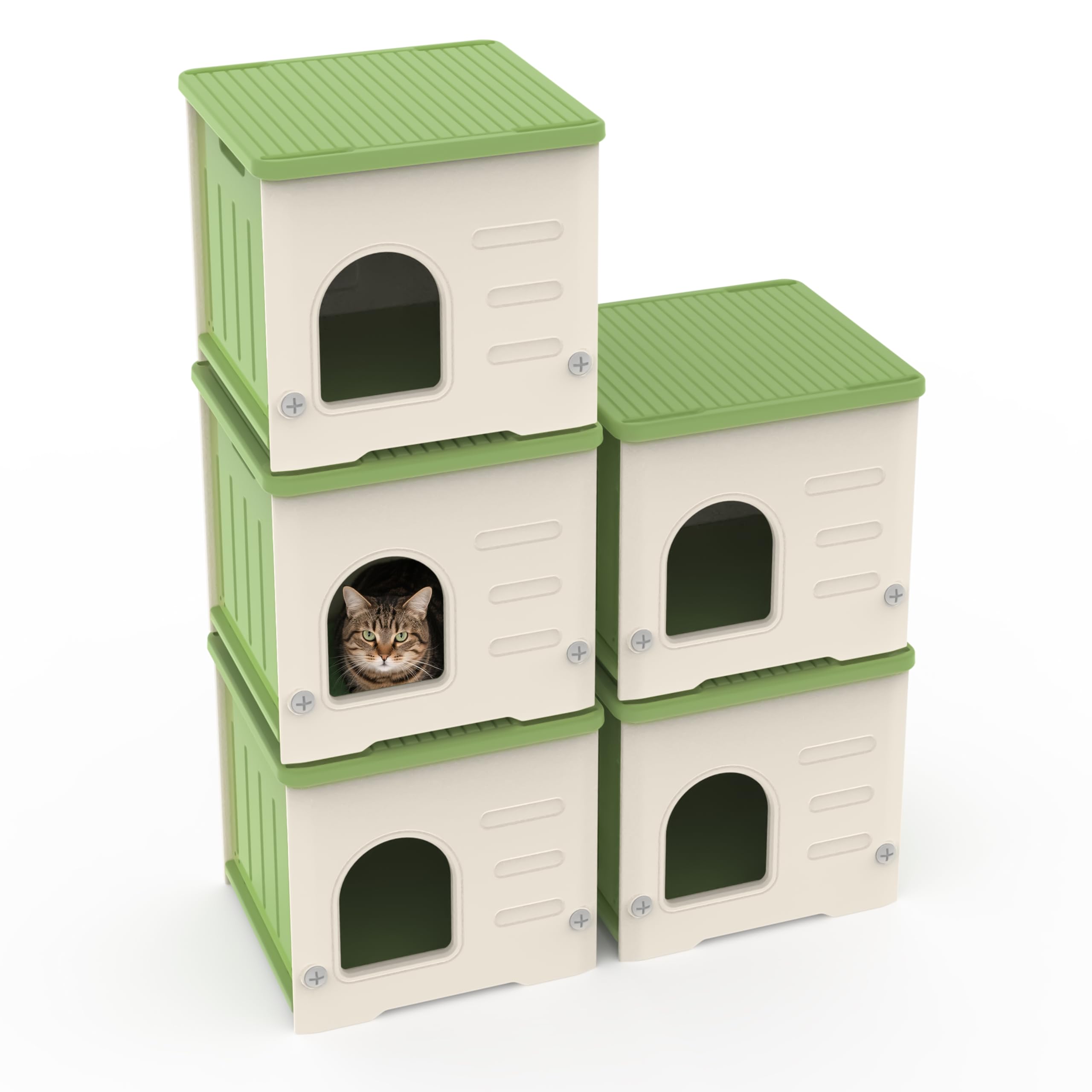Stackable Cat House for Outdoor Indoor Use, Feral Cat Shelter Weatherproof Waterproof Elevated (Medium)