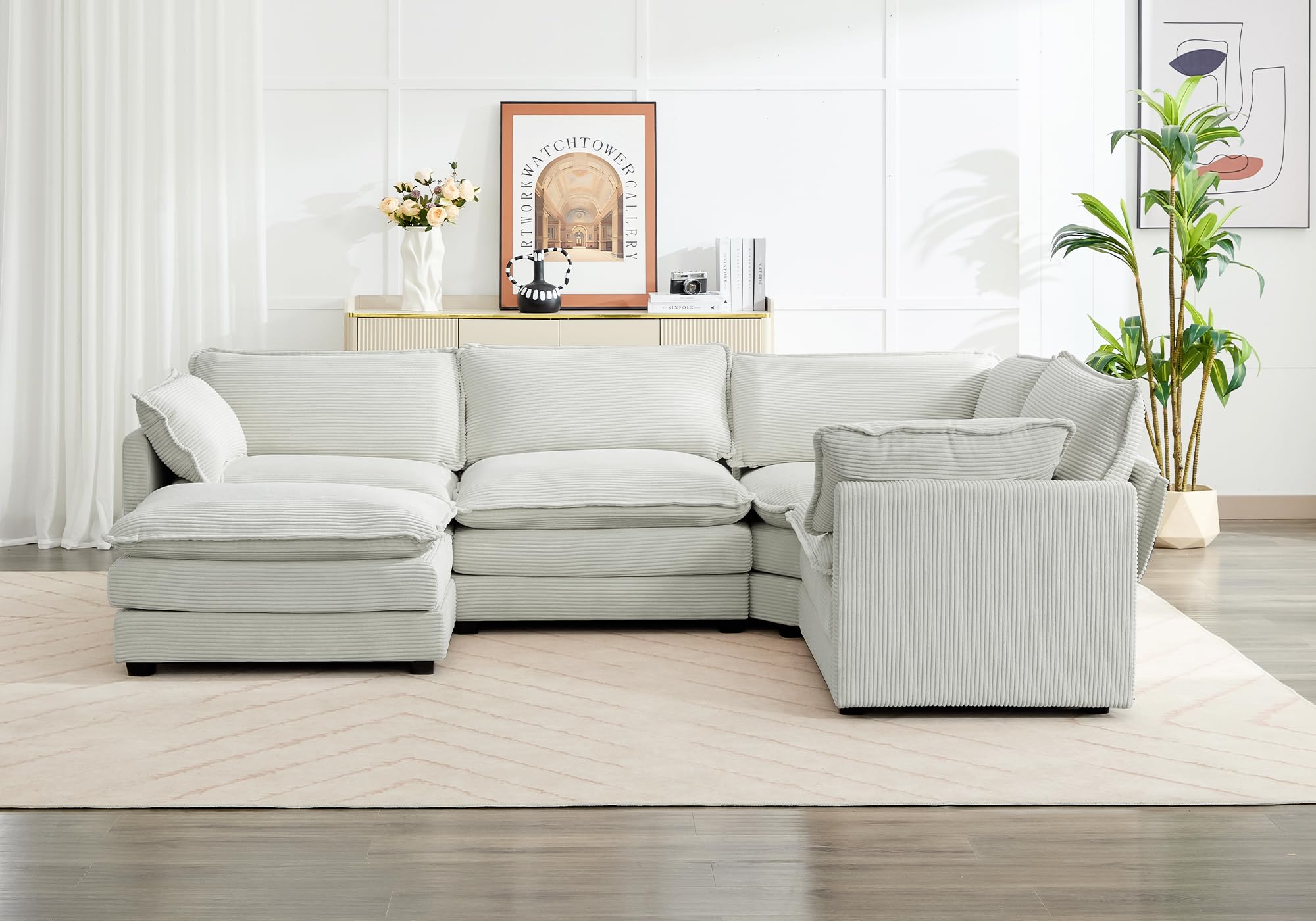 113'' Sectional Cloud Couch, 5 Seater Modular Corner L Shape Sofa Big Comfy Corduroy Oversized Couch with 2 Pillows Movable Ottoman, Deep Seat Sectional Couches for Living Room Office Light Grey