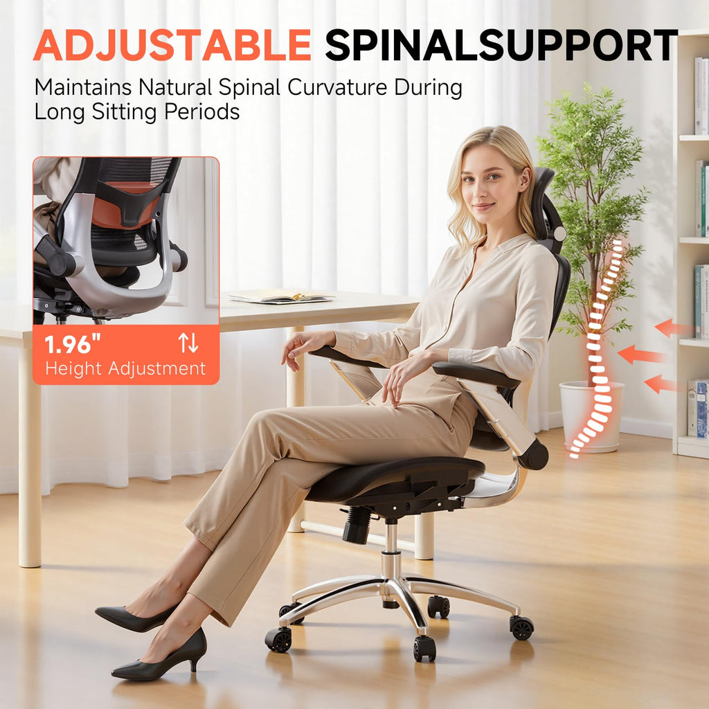 Big and Tall Ergonomic Mesh Office Chair, High Back Home Desk Chair Computer Gaming Chair with Headrest, Flip-Up Arms, 90-125° Tilt Lock and Wide Cushion, Task Chair for Man Woman-Deep Black