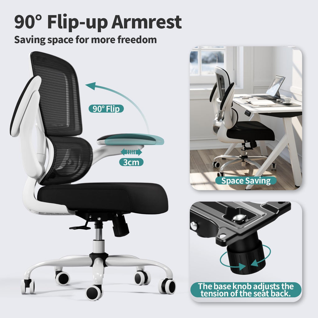Office Chair - Ergonomic Desk Chair with Adjustable Lumbar Support, Mesh Computer Chair, Executive Chairs for Home Office Comfortable Lumbar Support (White+Black)