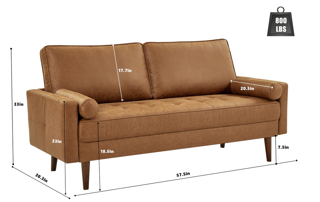 58" Loveseat Sofa Couch, Mid Century Modern Faux Leather Couch with Hand-Sewn Deep Love Seat & 2Pillows, Home Sofa Living Room Small Couches for Small Space,Bedroom,Office,Solid Wood Frame,Brown