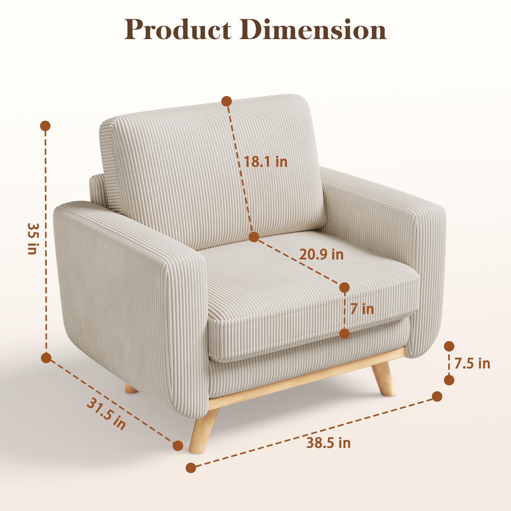 38.5" Accent Chair Light Gray, Comfy Corduroy Single Sofa Seat with Spring Cushion, Upholstered Armchair with Deep Seat, Reading Chair for Adults, Modern Sofa for Living Room, Bedroom