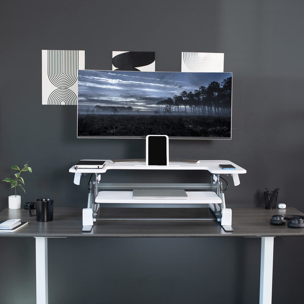 36 inch Height Adjustable Stand Up Desk Converter, V Series, Quick Sit to Stand Tabletop Dual Monitor Riser Workstation, White, DESK-V000VW