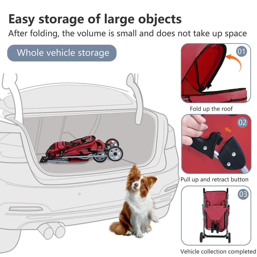 Pet Stroller 3-Wheel Durable Foldable Cat Dog Stroller with Washable Liner Storage Basket Cup Holder,Red