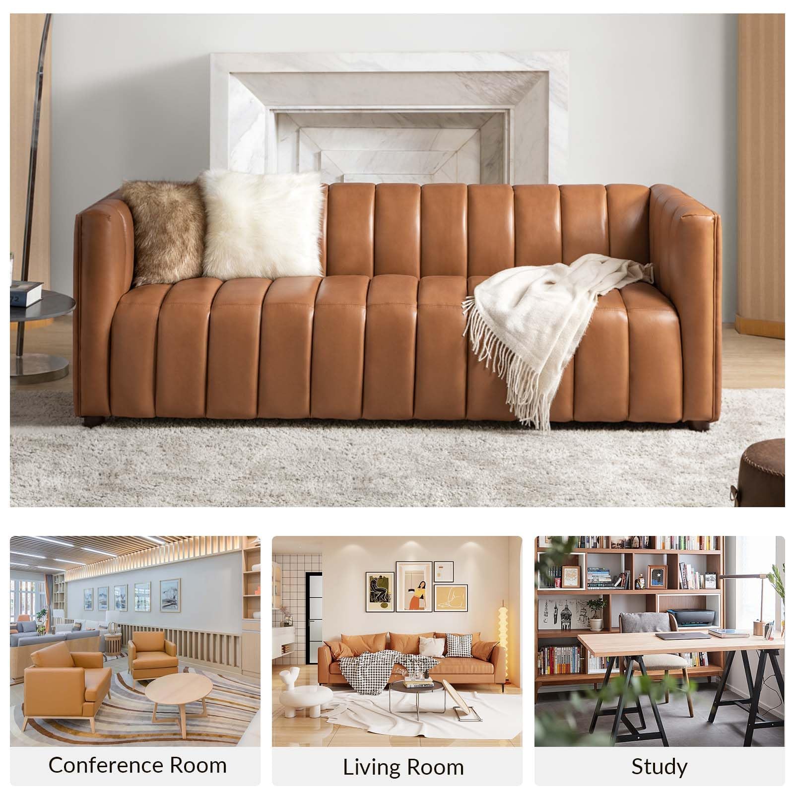 83" Genuine Leather Sofa with Channel Tufted Design, 3-Seater Sofa for Living Room Bedroom, Modern Oversized Couch with Wood Legs, Camel