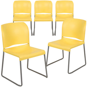 5 Pack, HERCULES Series  880 lb. Capacity Yellow Full Back Contoured Stack Chair with Gray Powder Coated Sled Base