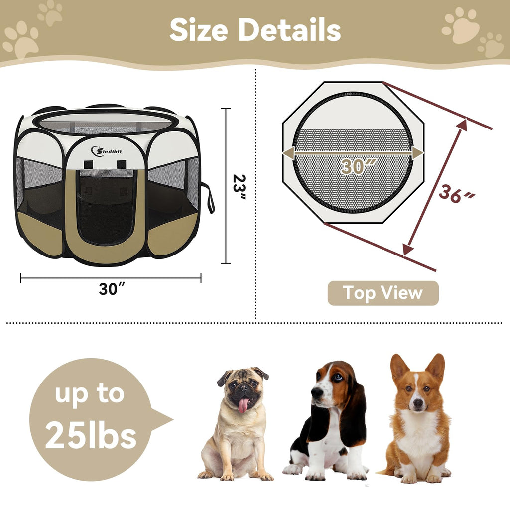 Dog Cat Playpen, Medium Puppy Pet Playpen, Dog Crate Tent Cage Indoor/Outdoor, Portable Pop Up Dogs Kennel Playpen with Carrying Case for Dogs/Cats/Rabbits Coffee