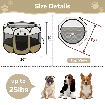 Dog Cat Playpen, Medium Puppy Pet Playpen, Dog Crate Tent Cage Indoor/Outdoor, Portable Pop Up Dogs Kennel Playpen with Carrying Case for Dogs/Cats/Rabbits Coffee