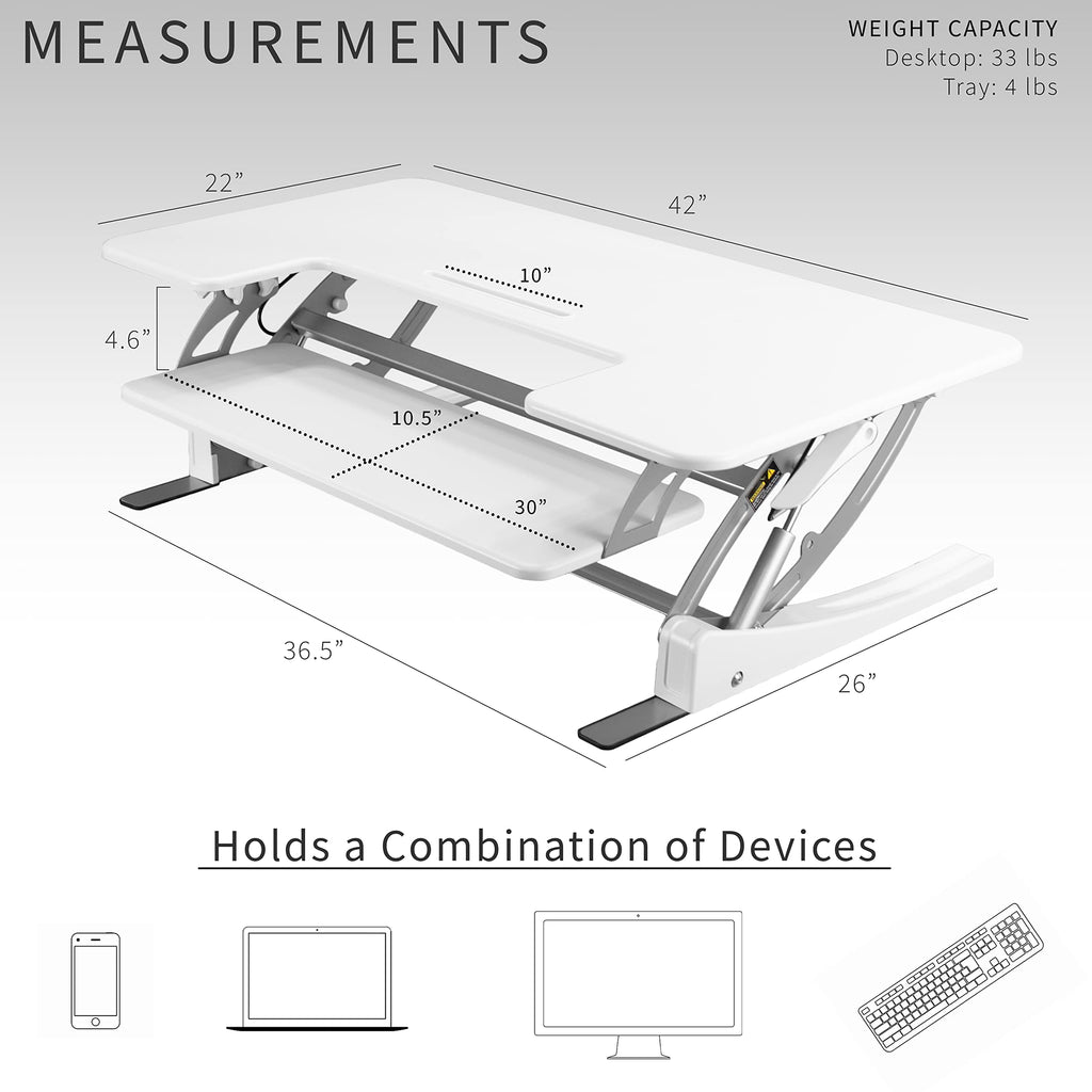 42 inch Height Adjustable Stand Up Desk Converter, V Series, Quick Sit to Stand Tabletop Dual Monitor Riser Workstation, White, DESK-V000VLW