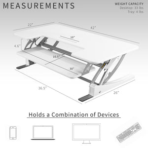 42 inch Height Adjustable Stand Up Desk Converter, V Series, Quick Sit to Stand Tabletop Dual Monitor Riser Workstation, White, DESK-V000VLW
