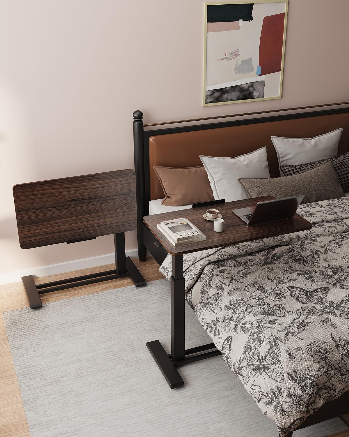 H7 PRO Mobile Standing Desk Adjustable Overbed Table Pneumatic with Wheels 90°Tiltable Portable Laptop Desk Rolling Computer Cart Foldable Bedside Table(31.5" W x 17.7" D, Rustic Brown)