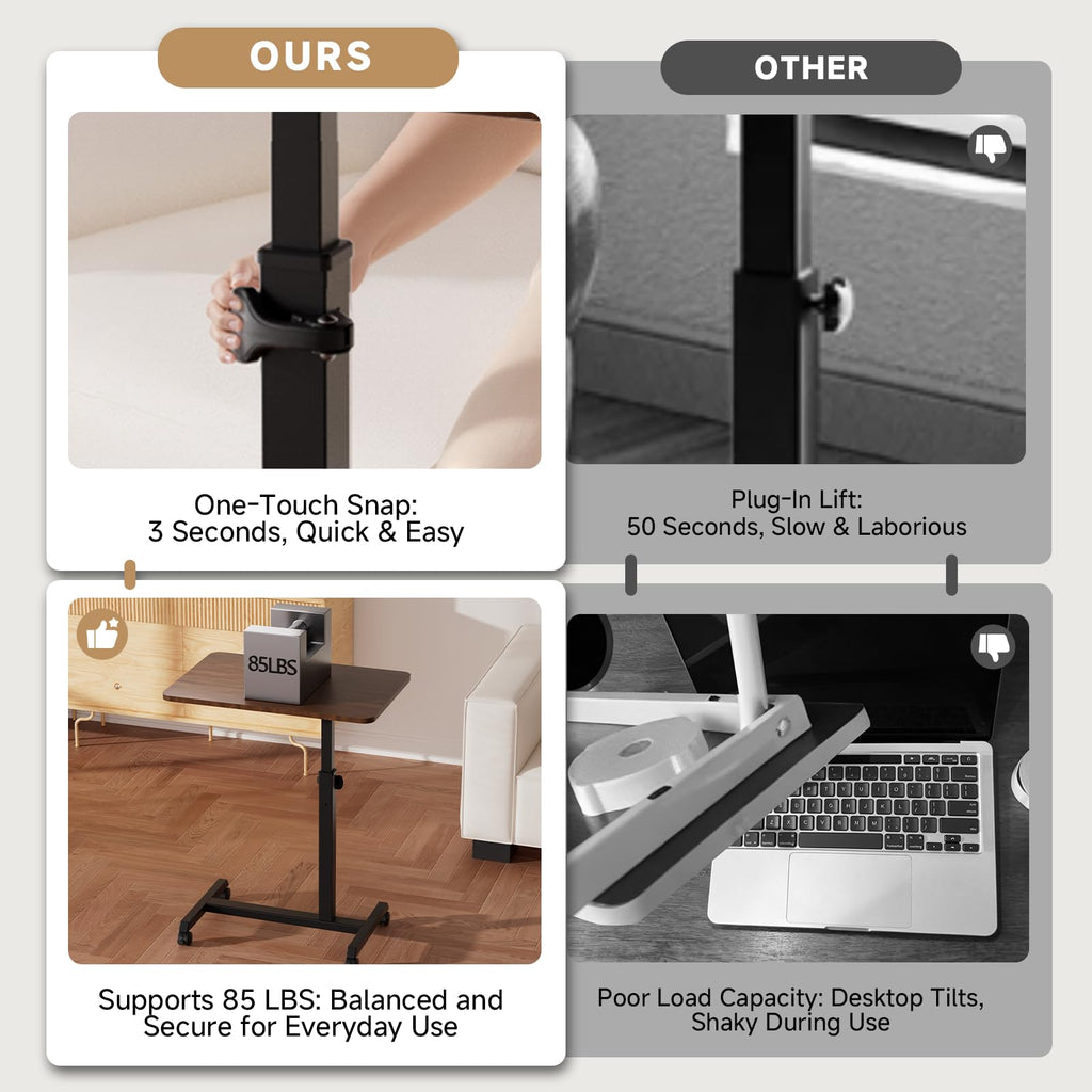 Small Standing Desk, 24 Inches Foldable Mobile Rolling Laptop PC Table with Lockable Casters, Adjustable Height Overbed Bedside Table Computer Workstation for Home Office, Walnut-Foldable